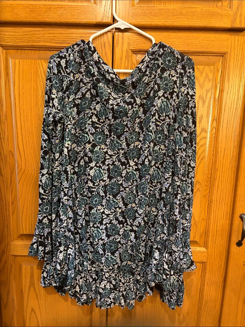 Free People Black Floral V-Neck Long Sleeve Tunic with Teal Accents
